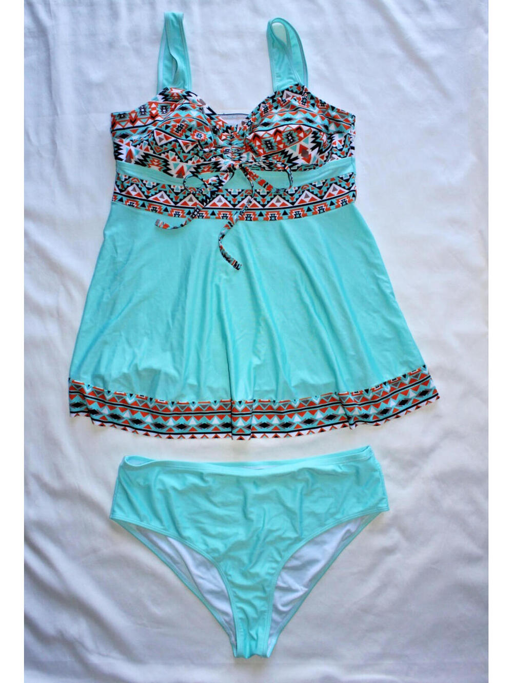 Women's Plus Size 2XL Turquoise Aztec Print 2 Piece Tankini Swimsuit Set